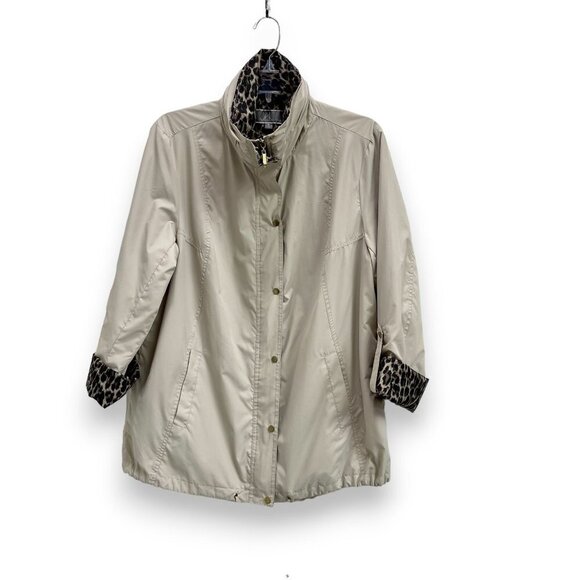 JM Collection Women Windbreaker Rain Jacket Hooded Drawstring Cheetah Print - Picture 1 of 13